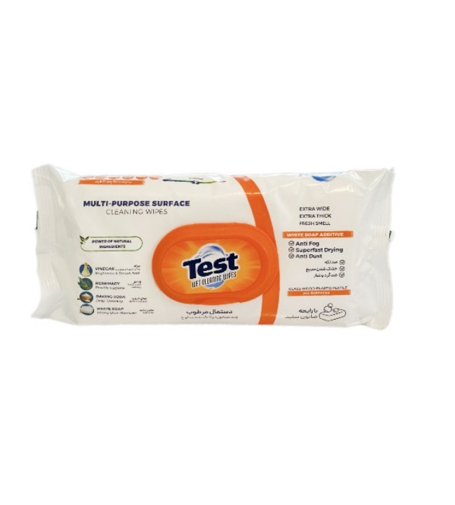 دستمال مرطوب چند منظوره سطوح تست Test رایحه صابون بسته 50 عددی