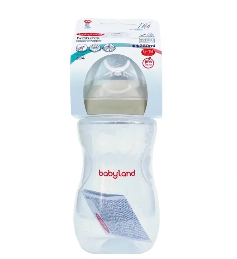 شیشه شیر بیبی لند مدل ۲۰۴ ظرفیت ۲۶۰ میلی لیتر مناسب ۶تا ۱۸ ماه